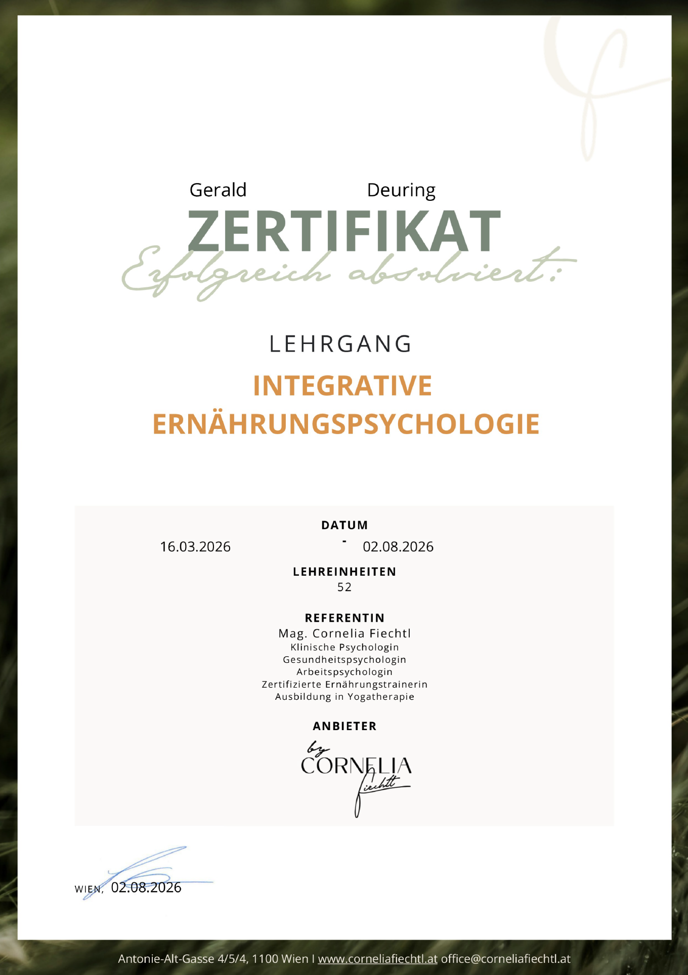 Zertifikat Mentoring Ernährungpsychologie